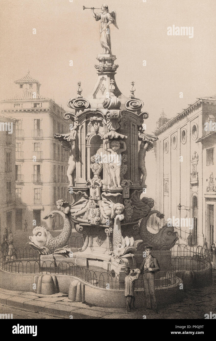 Fontaine de la place Anton Martin, Fontaine de la renommée, Madrid, commandé par Philippe V, a été buil… Banque D'Images