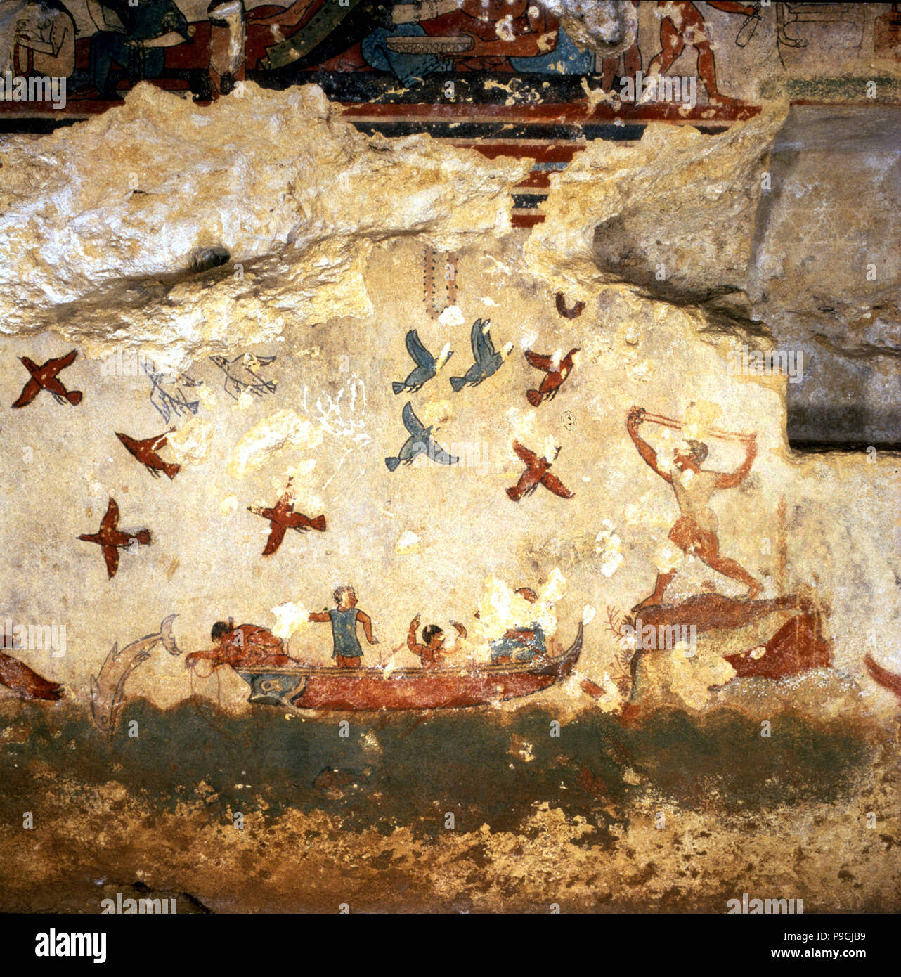 Chambre funéraire de la nécropole de Tarquinia, la peinture murale avec scène de chasse et de pêche. Banque D'Images