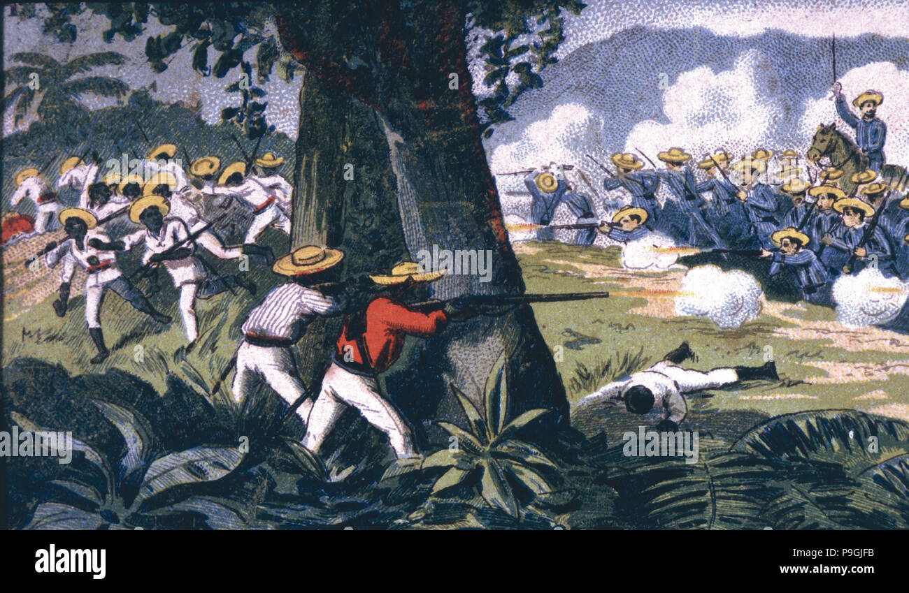 Cuba La Guerre, défaite des forces armées de Calixto Garcia par la colonne du général Bosch, dessin, 1898. Banque D'Images