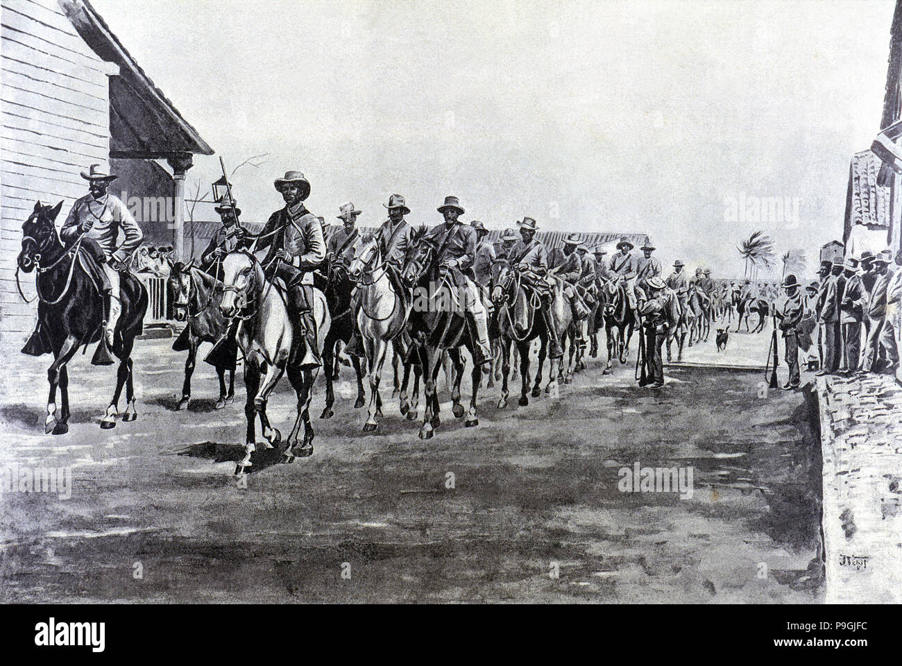 Cuba La guerre, des troupes espagnoles équitation retour d'une expédition, gravure, 1897. Banque D'Images