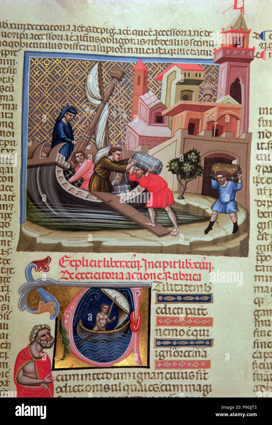 L'expédition des marchandises sur un bateau et allumé lettre initiale d'un marin dans un bateau, en miniature … Banque D'Images