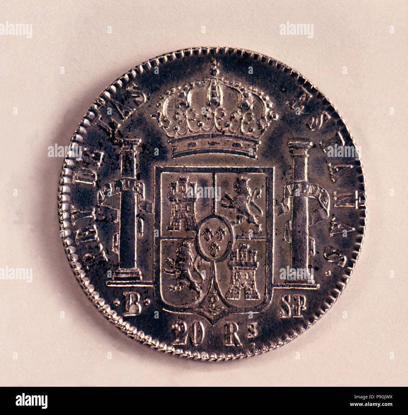 Retour d'une pièce de 20-reales en argent, Ferdinand VII. Menthe : Barcelone, 1823. Banque D'Images