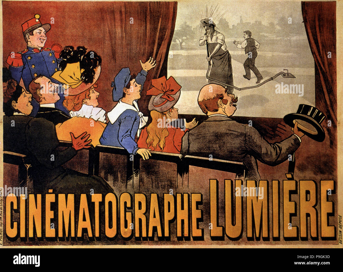 Affiche annonçant le film Frères Lumière 'L'arrosseur arrossé'. Banque D'Images
