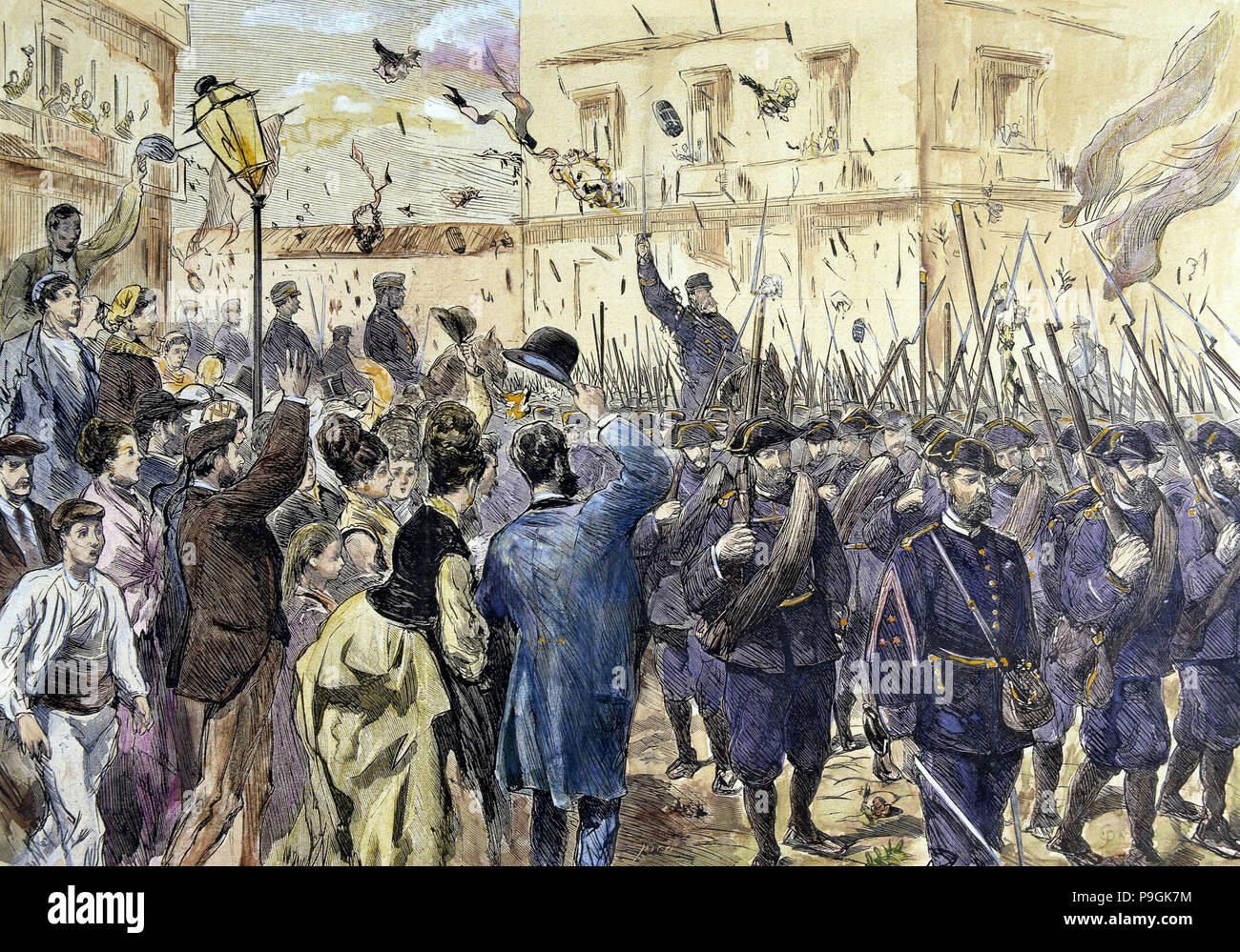 Libération de Bilbao au cours de la Troisième Guerre carliste en 1874, gravure couleur dans "La Ilustración E… Banque D'Images