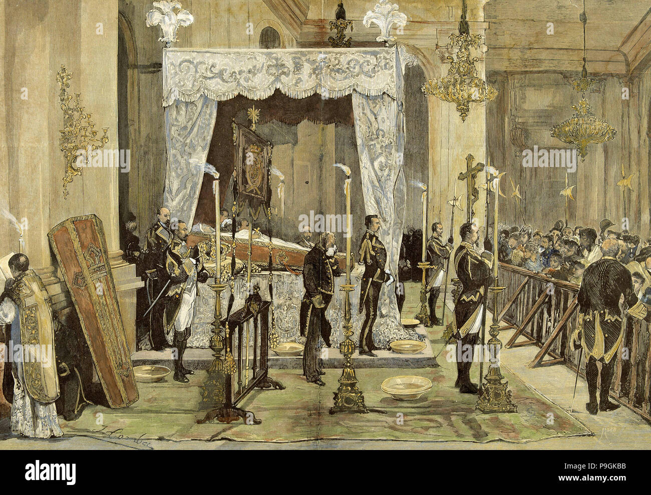 La reine Maria de las Mercedes Orléans recevant les derniers sacrements" reine d'Espagne, épouse d'Alphonse XII, d… Banque D'Images