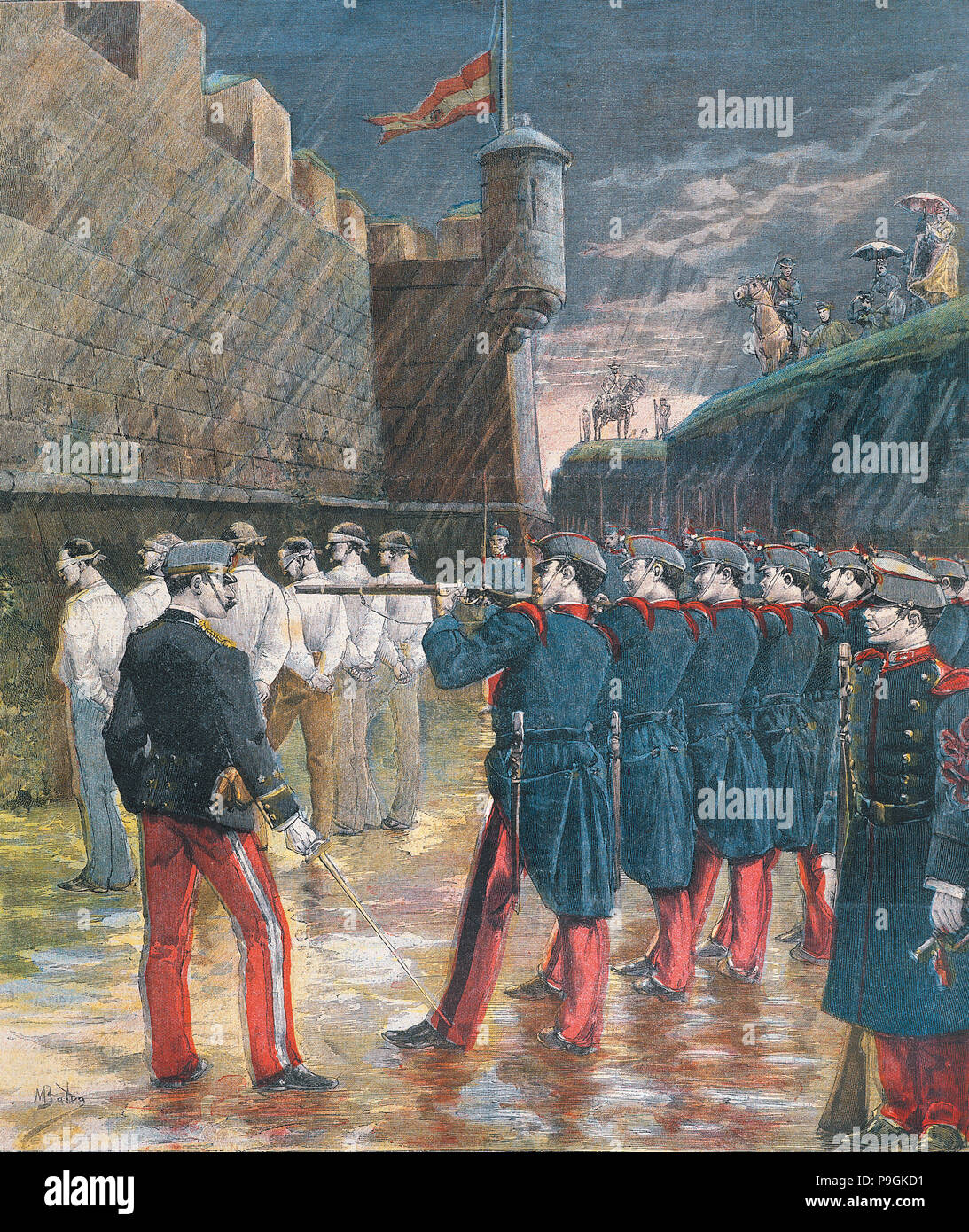 L'exécution par un peloton d'exécution dans les douves du château de Montjuic, six participants anarchistes dans … Banque D'Images