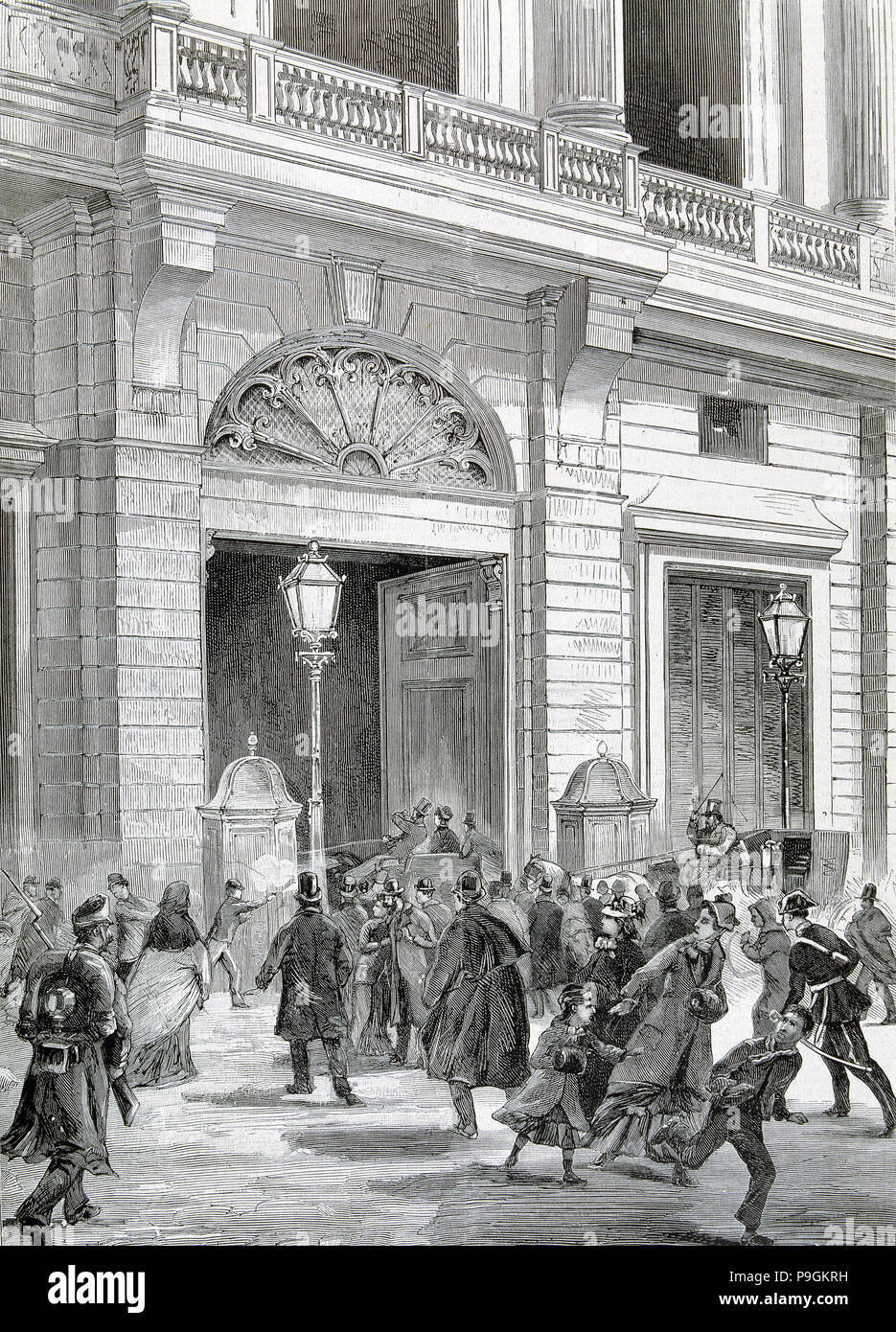 Attaque sur le 31 décembre 1879 contre le roi Alphonse XII d'Espagne et de la reine de venir à la p… Banque D'Images