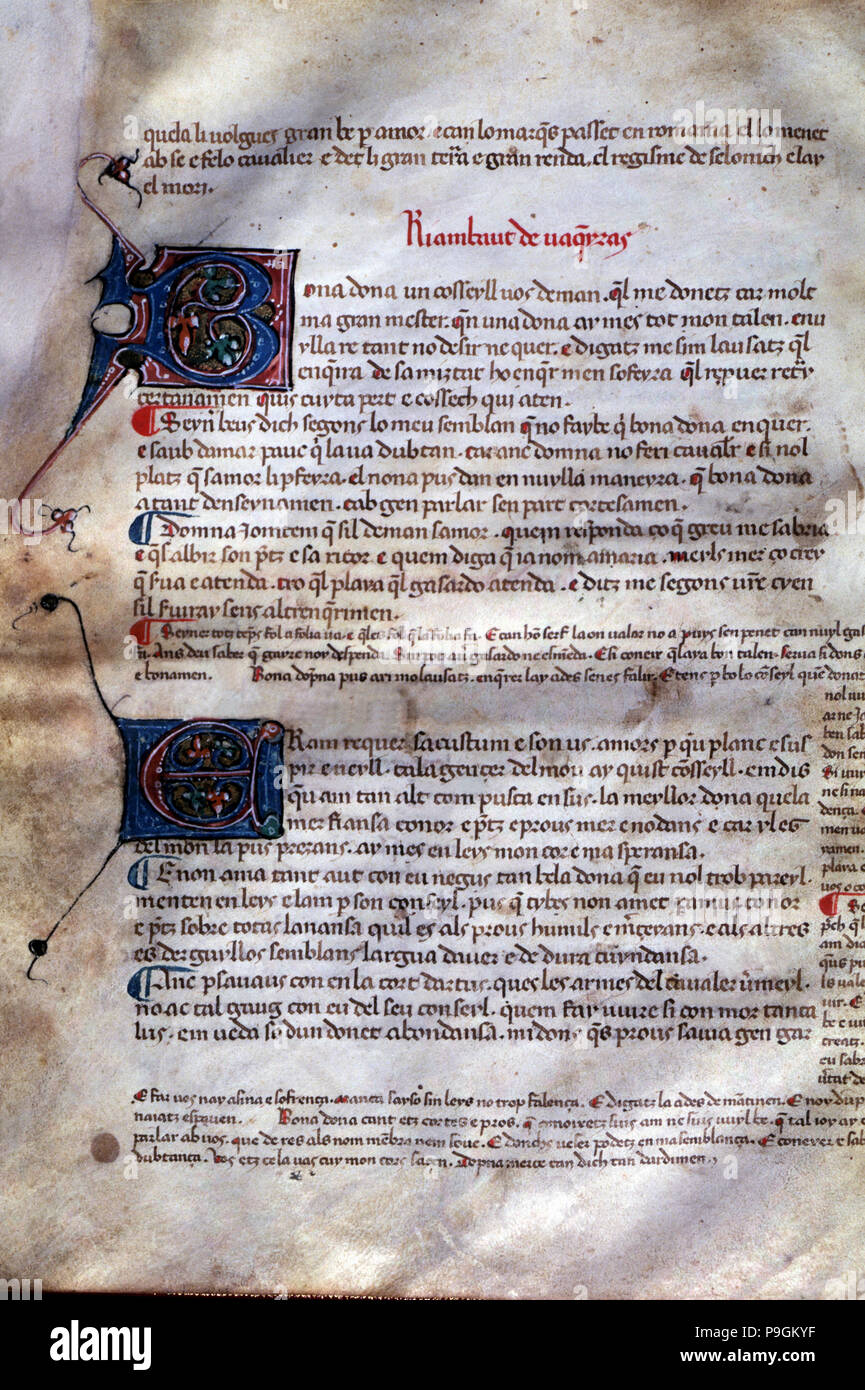 La page 47 de "Cançoner Gil', songbook du milieu du 14ème siècle qui rassemble les poèmes de classique… Banque D'Images