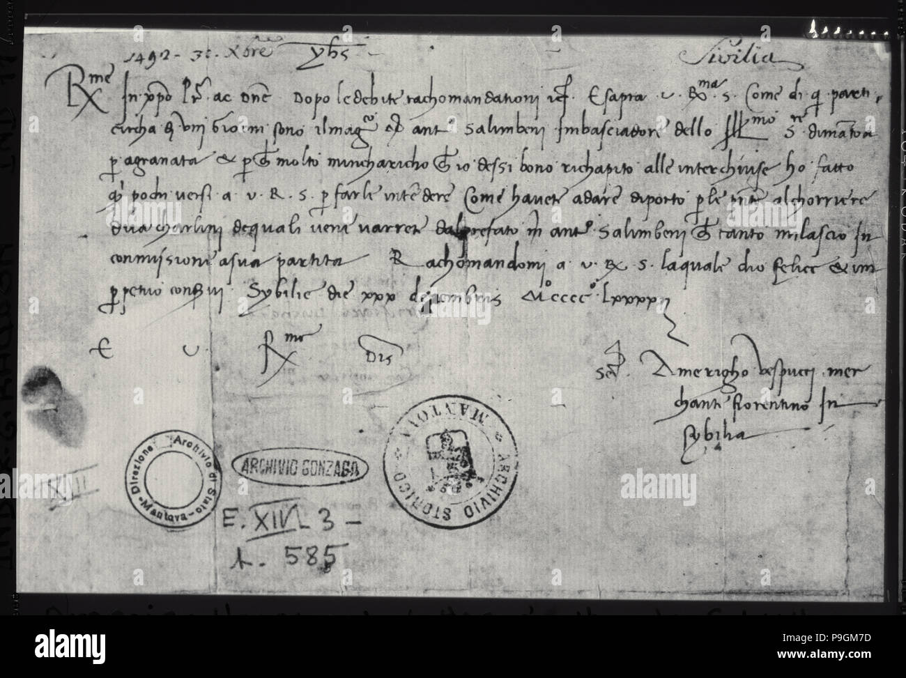Lettre autographe d'Amerigo Vespucci écrit le 30 décembre 1492 à Séville pour le Palais Ducal Commis… Banque D'Images