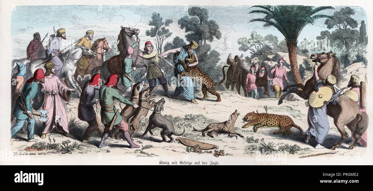 L'histoire ancienne. La Perse. Le roi de Perse et son entourage sur une chasse au léopard. Engravi allemand… Banque D'Images