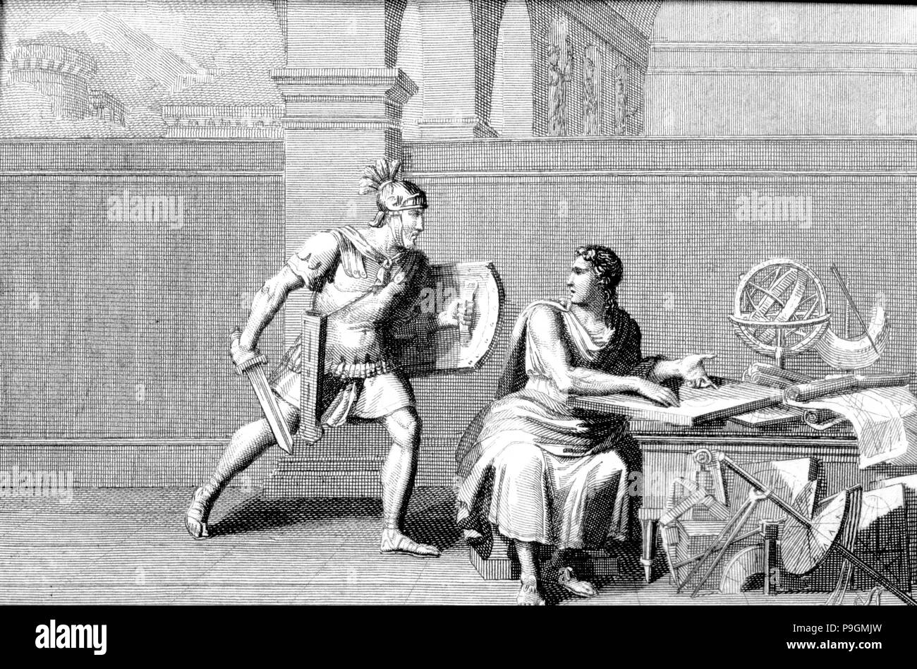 La mort d'Archimède, tué par un soldat romain au cours de l'attaque de Syracuse, gravure de 1830,… Banque D'Images