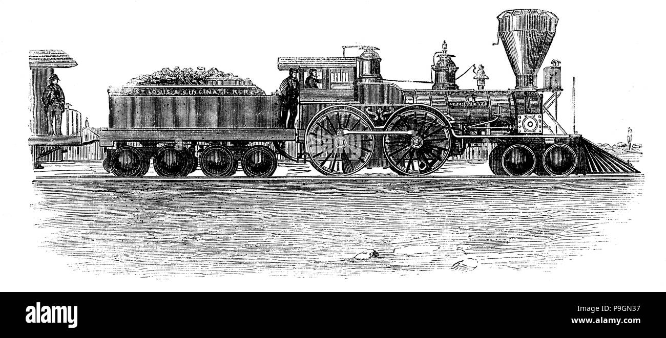 Machine de train sur la ligne à partir de l'Ohio jusqu'au Mississippi, gravure, 1858. Banque D'Images