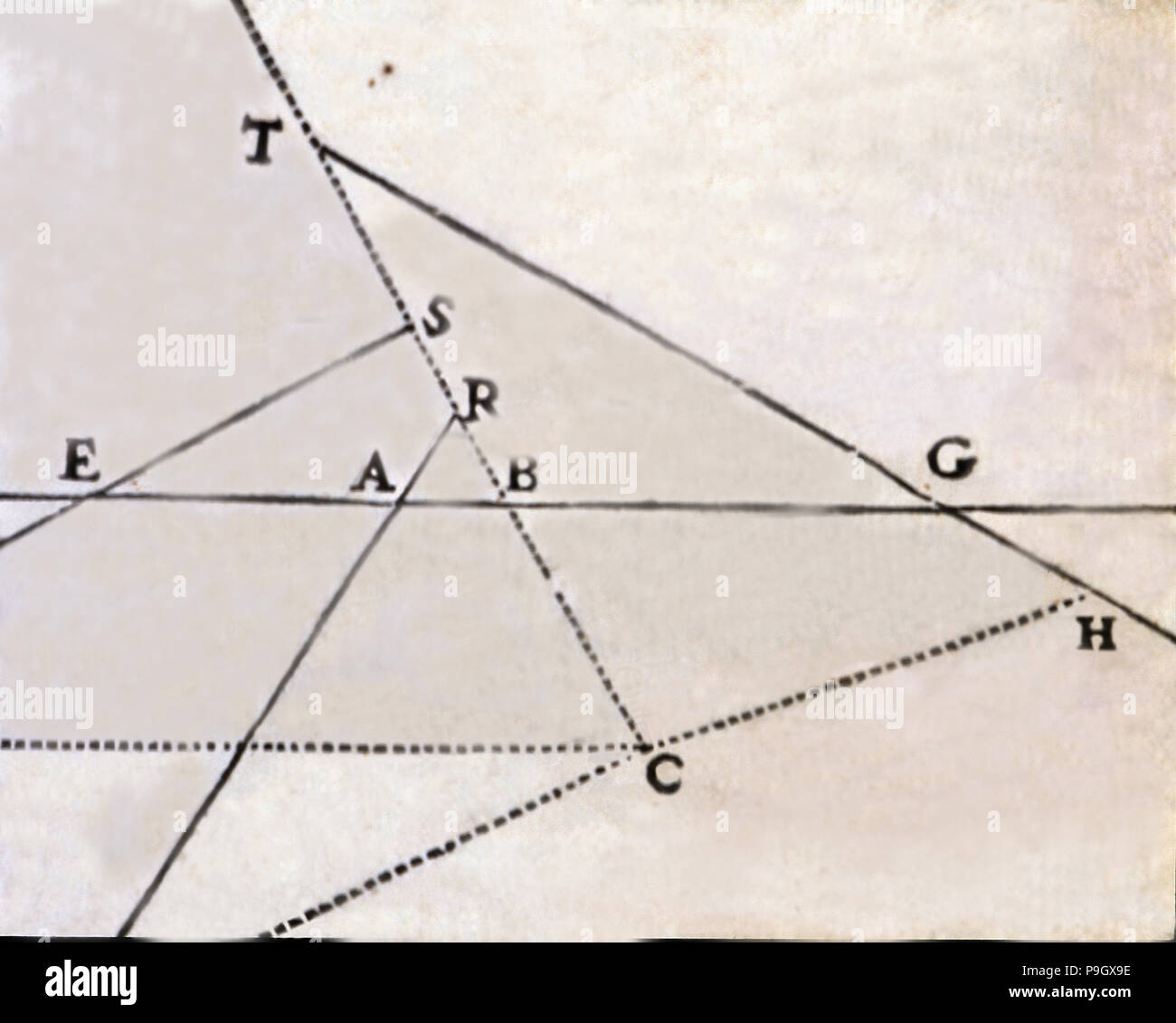 Dessin de lignes représentant l'intersection de lignes, dans l'œuvre "Geometry" par Descartes, du volume... Banque D'Images
