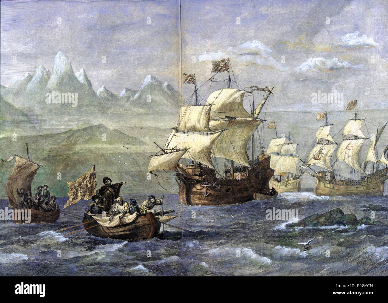 Découverte du détroit de Magellan, gravé dans le 'Spanish et American Illustration'. Banque D'Images