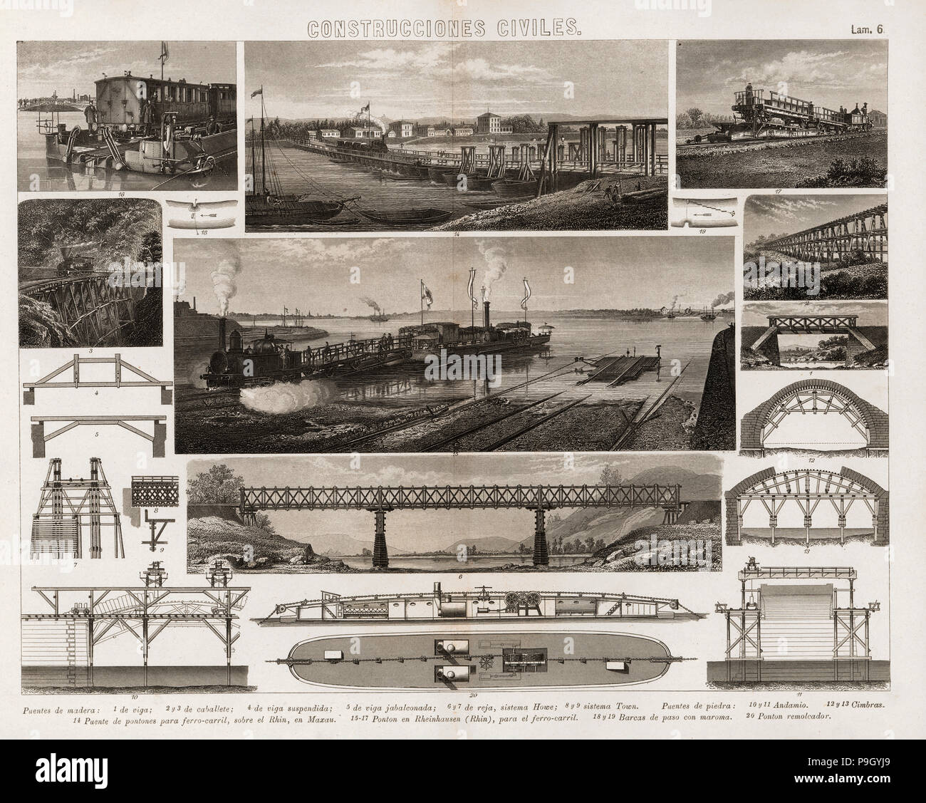 Plusieurs gravures de constructions civiles pour le trafic ferroviaire, Madrid 1881. Banque D'Images