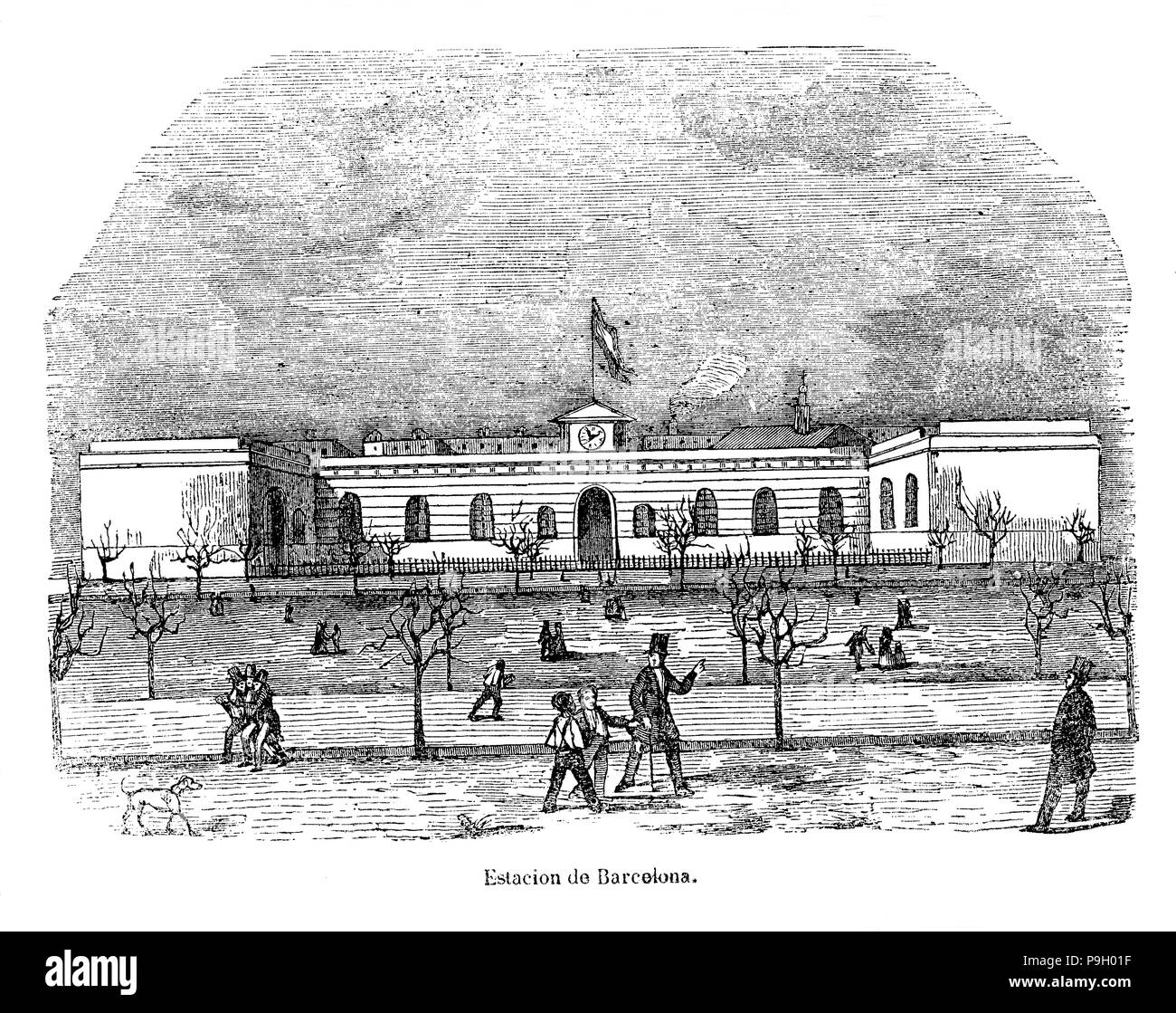 Gare de Barcelone de la ligne de chemin de fer de Mataró en 1849, gravure d'époque. Banque D'Images