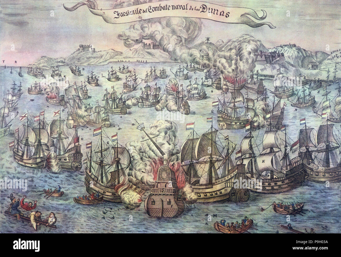Bataille des dunes, les navires de l'amiral Oquendo par rapport à celles de l'amiral hollandais Har… Banque D'Images