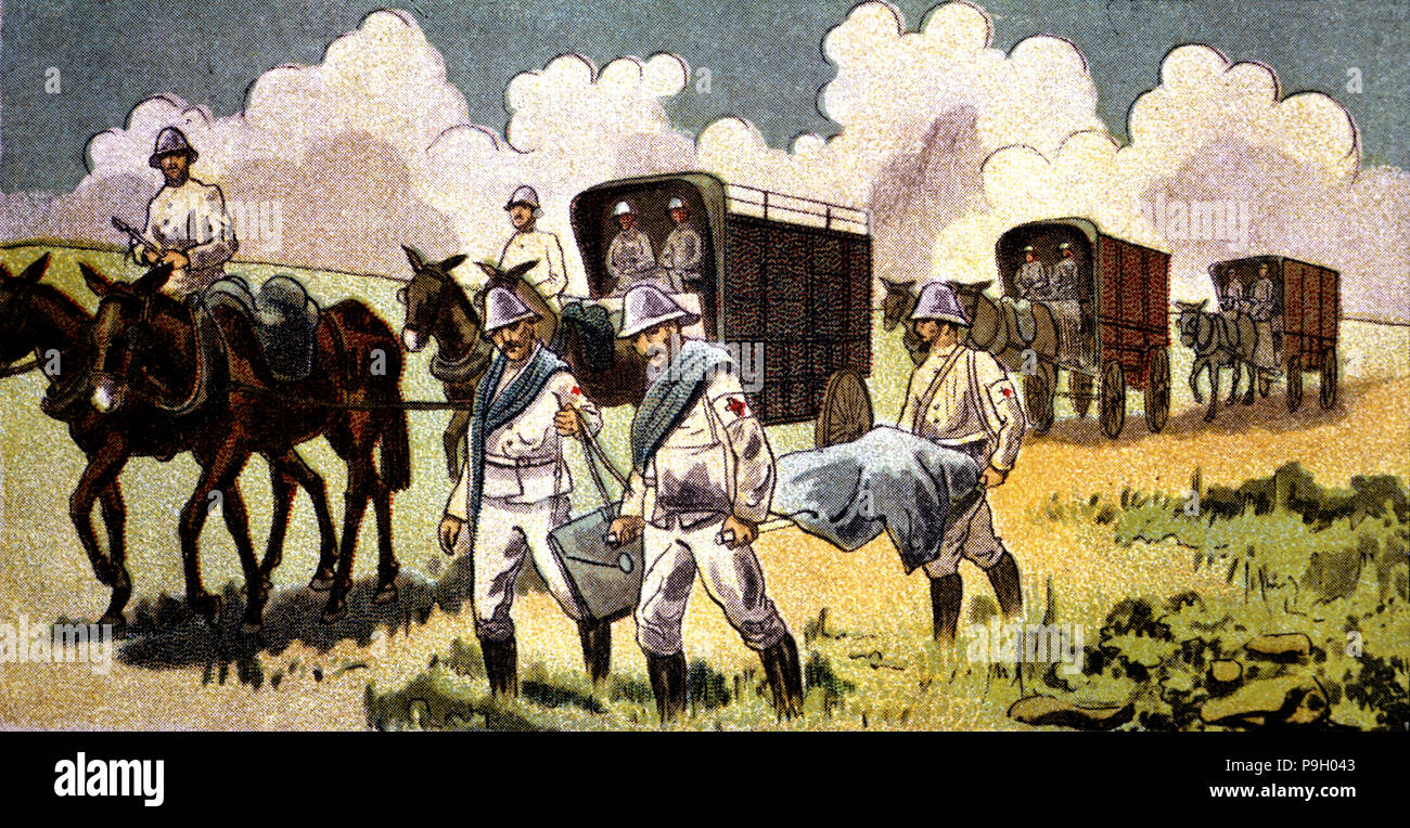 La guerre du Maroc (1909-1913), la Croix-Rouge transportant les blessés vers les hôpitaux, dessin de th… Banque D'Images