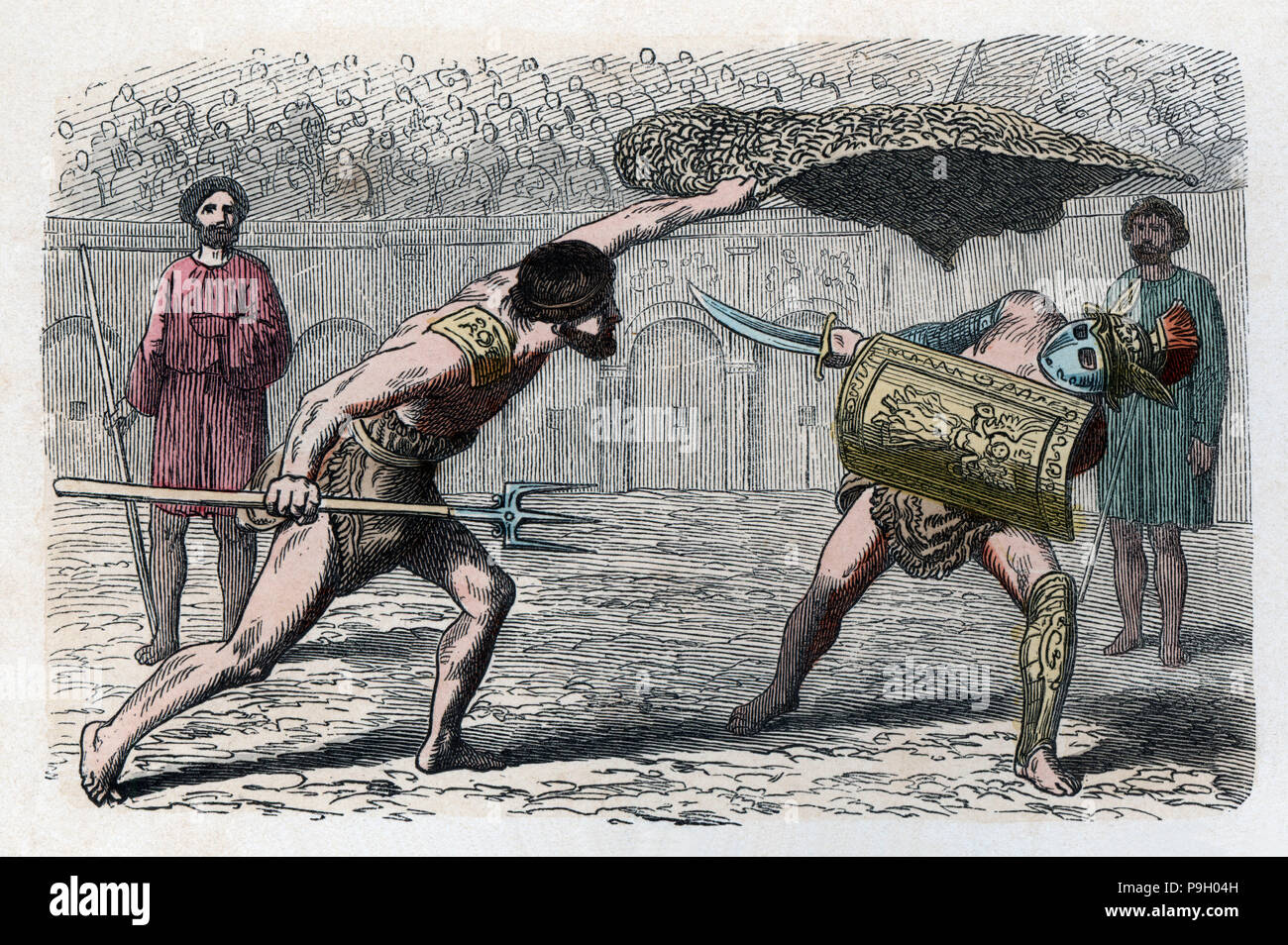 Cirque Romain, combats de gladiateurs dans l'arène, gravure de 1866. Banque D'Images