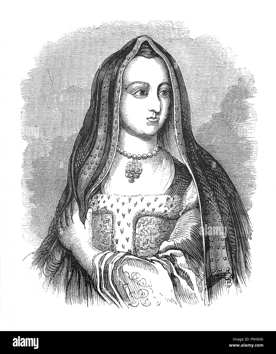 Elizabeth d'York (1466 - 1503) était l'épouse de Henri VII Tudor et de la première reine. La fille d'Édouard IV et nièce de Richard III, elle a épousé Henry en 1485, à la suite de sa victoire à la bataille de Bosworth Field, qui a commencé la dernière phase de la guerre des Deux-Roses. Ensemble, elle et Henry a eu un total de quatre fils, dont trois sont morts avant leur père, laissant leur frère, Henry VIII, pour succéder à son père comme roi. Banque D'Images
