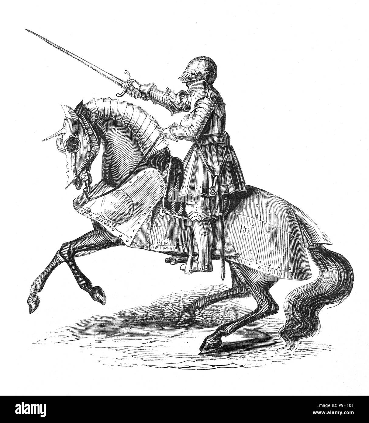 Henry VIII (1491 - 1547) à cheval et vêtu d'une armure. Il était le roi d'Angleterre à partir de 1509 jusqu'à sa mort et le deuxième roi Tudor, succédant à son père, Henry VII. Ses premières campagnes militaires a commencé quand il a rejoint le Pape Jules II sainte ligue contre la France en 1511. Wolsey se révèle être un remarquable ministre dans son organisation de la première campagne française et alors que les Écossais ont vu cette guerre comme une occasion d'envahir l'Angleterre, ils ont été défaits à Flodden en 1513. Cependant la guerre avec la France s'est révélé coûteux et finalement échoué Banque D'Images Henry VIII (1491 - 1547) à cheval et vêtu d'une armure. Il était le roi d'Angleterre à partir de 1509 jusqu'à sa mort et le deuxième roi Tudor, succédant à son père, Henry VII. Ses premières campagnes militaires a commencé quand il a rejoint le Pape Jules II sainte ligue contre la France en 1511. Wolsey se révèle être un remarquable ministre dans son organisation de la première campagne française et alors que les Écossais ont vu cette guerre comme une occasion d'envahir l'Angleterre, ils ont été défaits à Flodden en 1513. Cependant la guerre avec la France s'est révélé coûteux et finalement échoué Banque D'Images