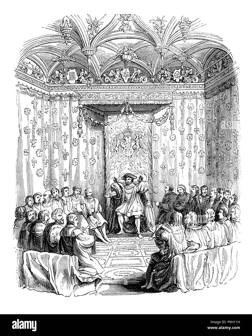 Le Roi Henry VIII lors d'une réunion du Conseil privé, un groupe d'hommes qui étaient conseillers du roi. Il inclus une variété d'hommes y compris ceux de la secteur religieux très important de bureaux de l'état. Après 1540 les 19 membres du Conseil privé ont travaillé ensemble comme un conseil ayant signé des lettres et garantit collectivement par eux. Ils étaient pratiquement tous les jours et au sein de la Cour et il est devenu l'État en tant qu'un, pour le Bureau du Conseil privé s'est réuni presque exclusivement à la Cour après les reconstitutions de 1536-7 et 1540. Il a siégé de façon judiciaire comme la Cour de la Chambre Étoilée le mercredi et le vendredi. Banque D'Images