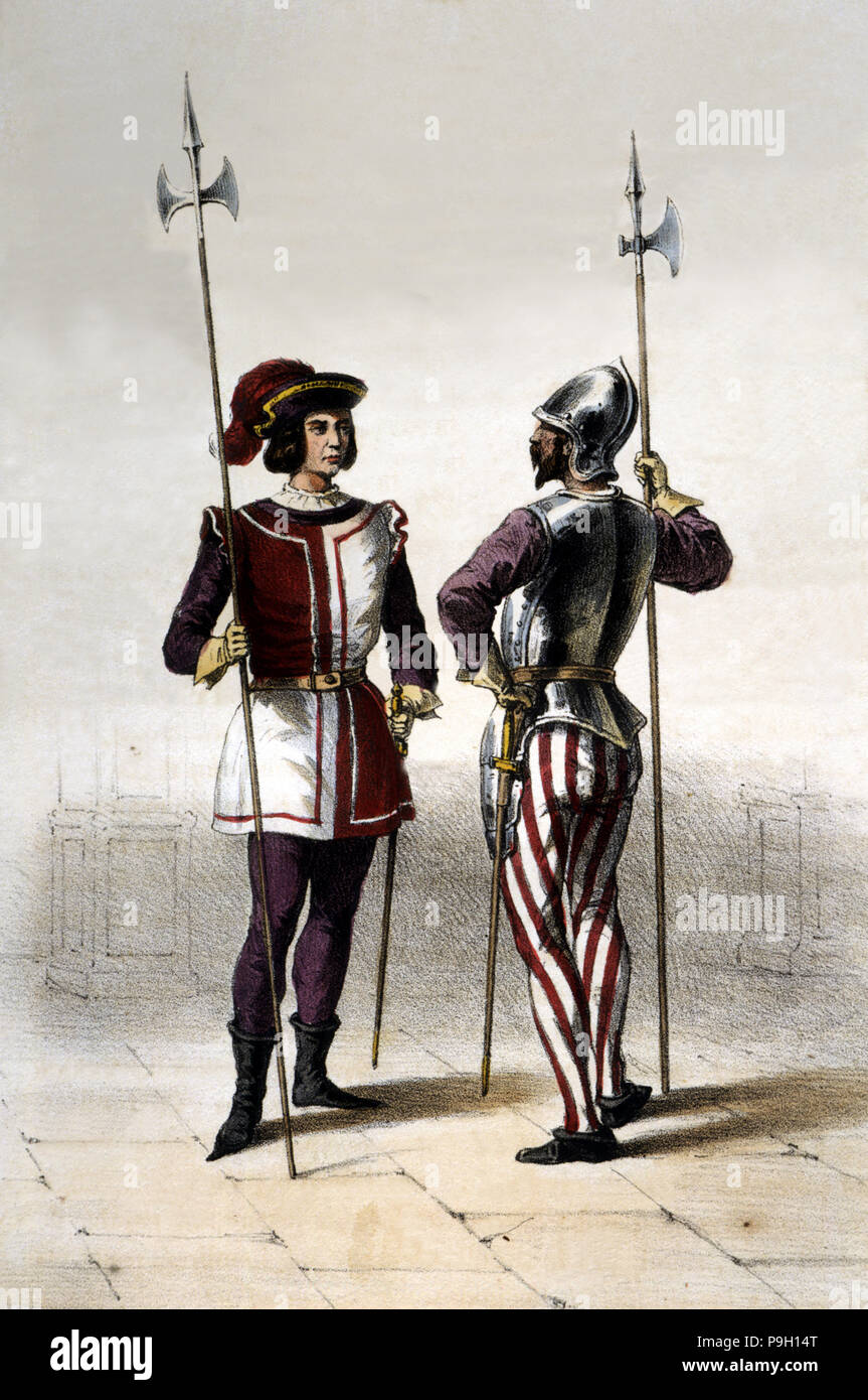 L'infanterie. Année 1504. Soldat des Hallebardiers Garde côtière des rois. Gravure de 1851. Banque D'Images