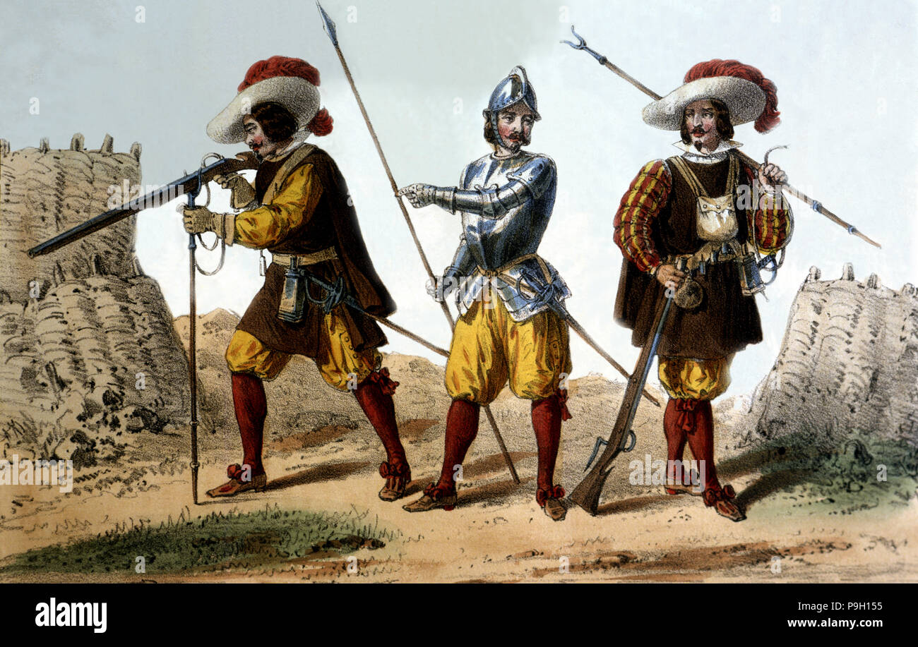 Règne de Philippe IV (1621-1665), des militaires (1632) des corps de Flandre : mousquetaire, pikeman et … Banque D'Images