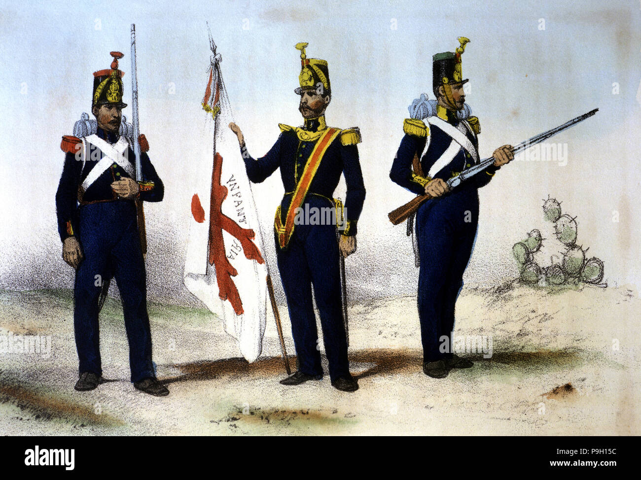 Règne de Ferdinand VII. 1808-1833. L'infanterie, 1824, les fantassins : Grenadier, Fusilier et Standard … Banque D'Images