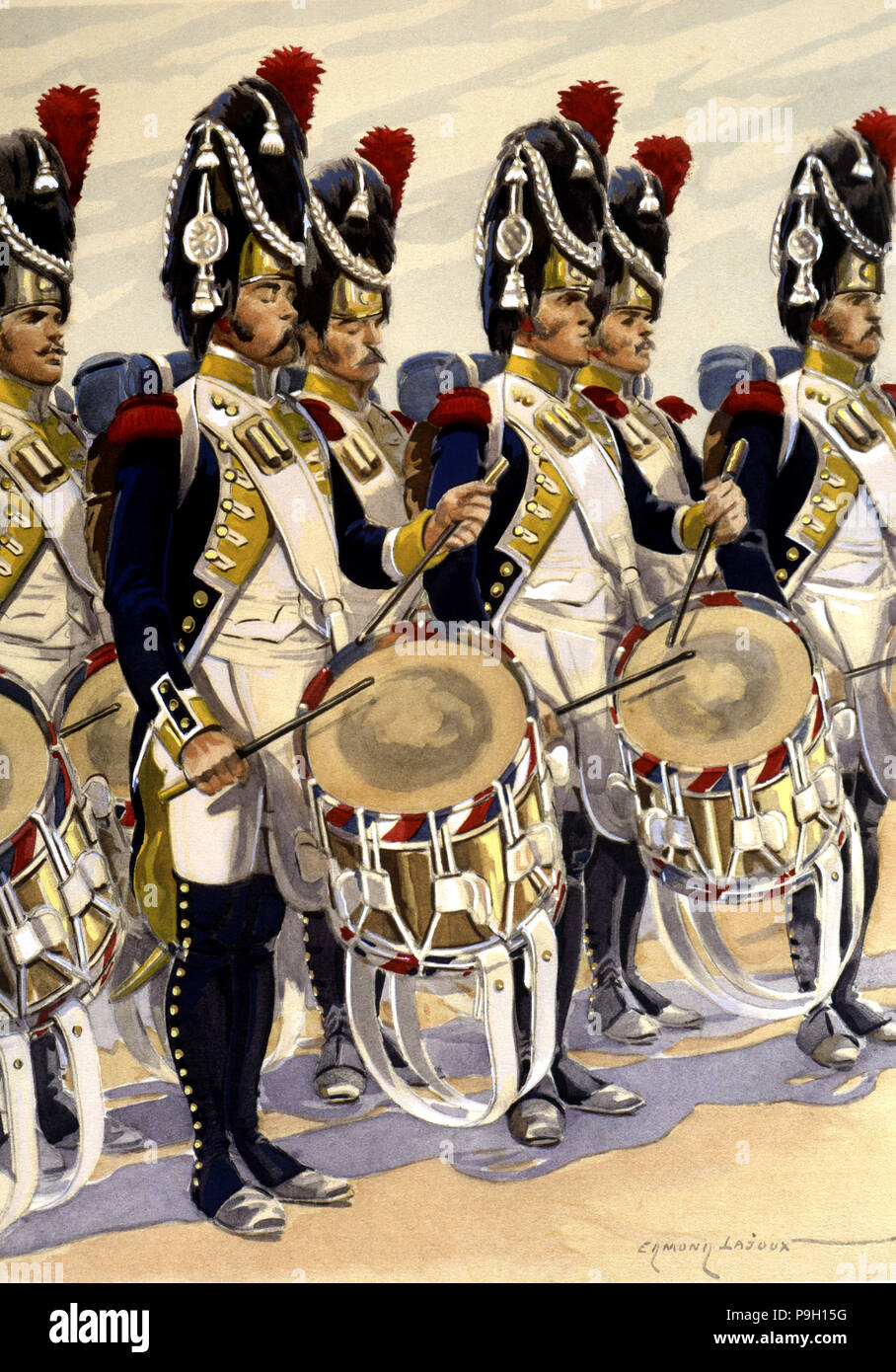 Music band du 57 régiment des Grenadiers de France, 1803-1805, batterie, dessin, 1940. Banque D'Images