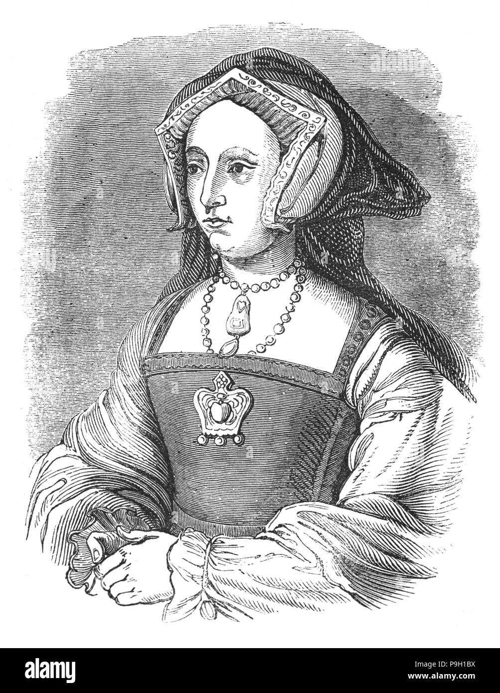 Un portrait de Jane Seymour (1508 - 1537), reine d'Angleterre de 1536 à 1537 comme la troisième épouse du roi Henry VIII. Elle a succédé à Anne Boleyn comme reine consort suite à l'exécution de ce dernier en mai 1536. Elle est morte de complications postnatales moins de deux semaines après la naissance de son seul enfant, un fils qui est devenu le roi Édouard VI. Elle était la seule des épouses d'Henry pour recevoir un queen's Funeral, et son épouse d'être enterré à côté de lui dans la Chapelle St George du château de Windsor. Banque D'Images Un portrait de Jane Seymour (1508 - 1537), reine d'Angleterre de 1536 à 1537 comme la troisième épouse du roi Henry VIII. Elle a succédé à Anne Boleyn comme reine consort suite à l'exécution de ce dernier en mai 1536. Elle est morte de complications postnatales moins de deux semaines après la naissance de son seul enfant, un fils qui est devenu le roi Édouard VI. Elle était la seule des épouses d'Henry pour recevoir un queen's Funeral, et son épouse d'être enterré à côté de lui dans la Chapelle St George du château de Windsor. Banque D'Images