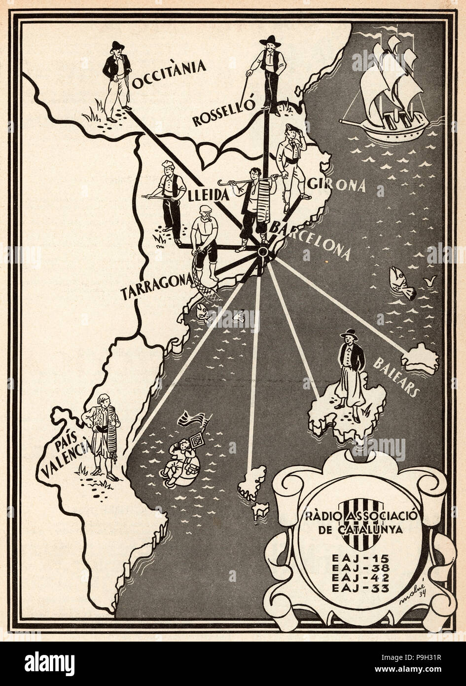 Carte de radiodiffusion de l'Associació de Catalogne Radio dans la gamme  des pays catalans, 1934 Photo Stock - Alamy