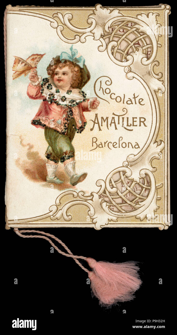 Die-cut Calendrier de poche de style moderniste, publié par Amatller, 1899 Usine de chocolats. Banque D'Images