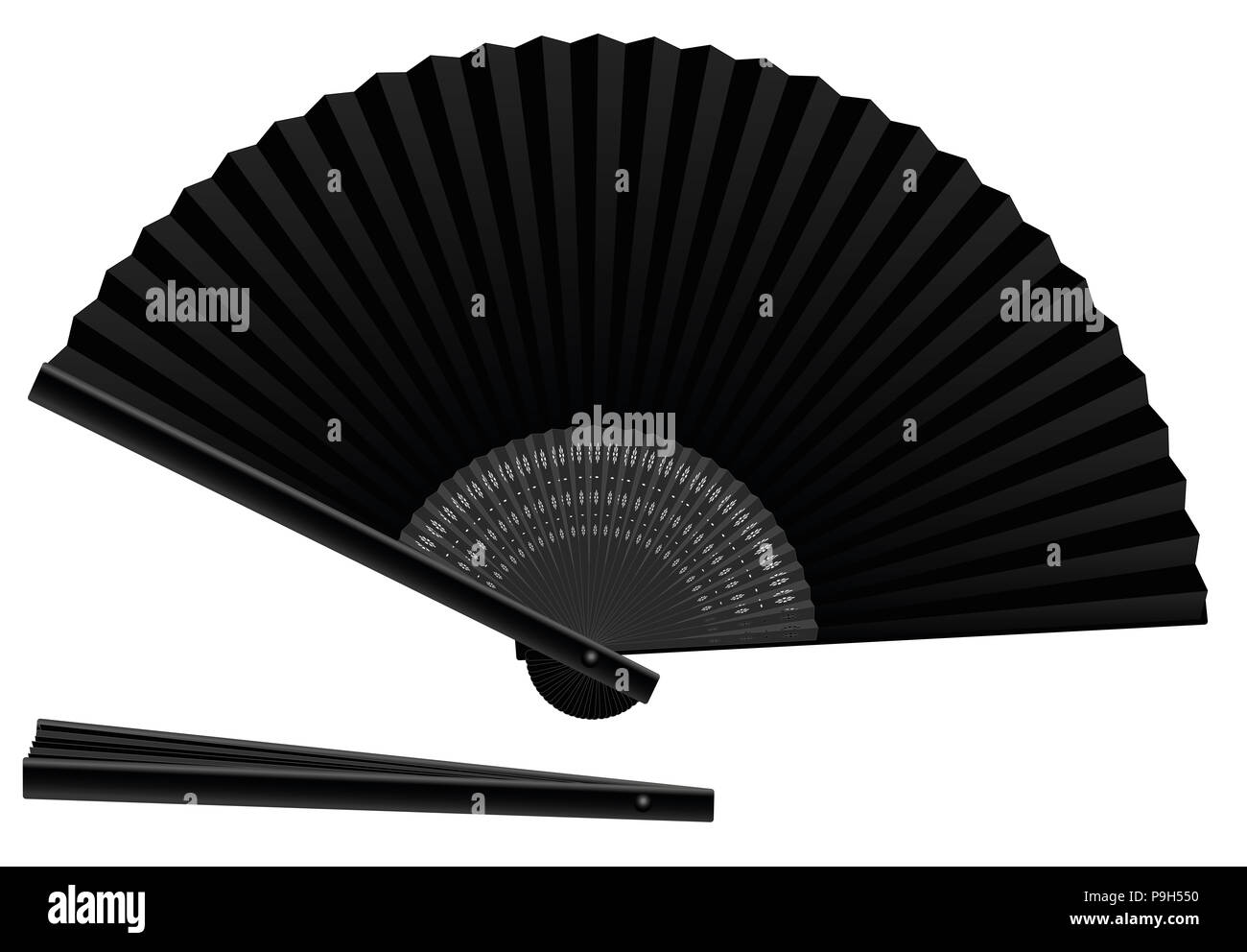 Ventilateur noir, ouvert et fermé, en trois dimensions, réaliste - illustration sur fond blanc. Banque D'Images