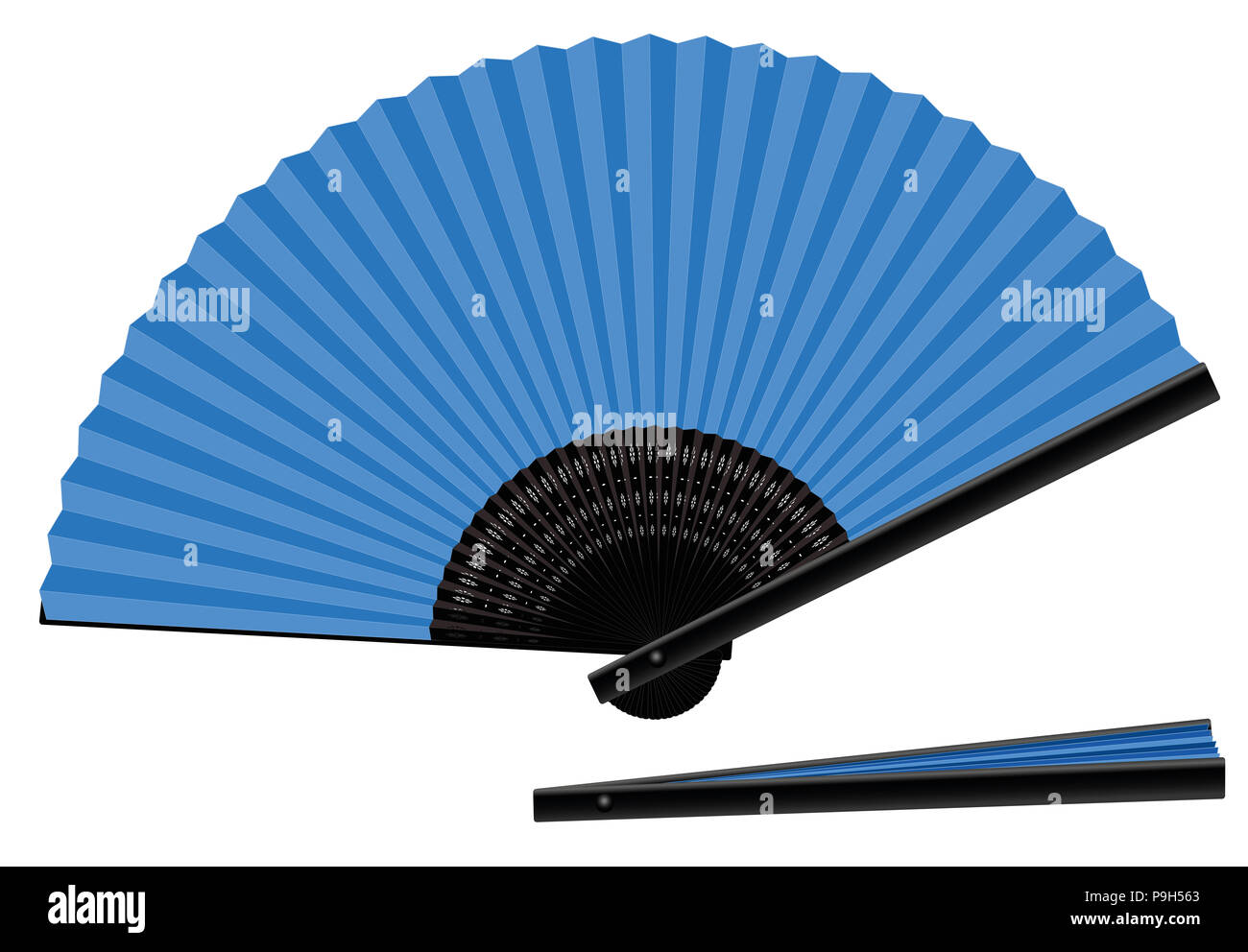Ventilateur à main, bleu, ouvert et fermé, en trois dimensions, réaliste - illustration sur fond blanc. Banque D'Images