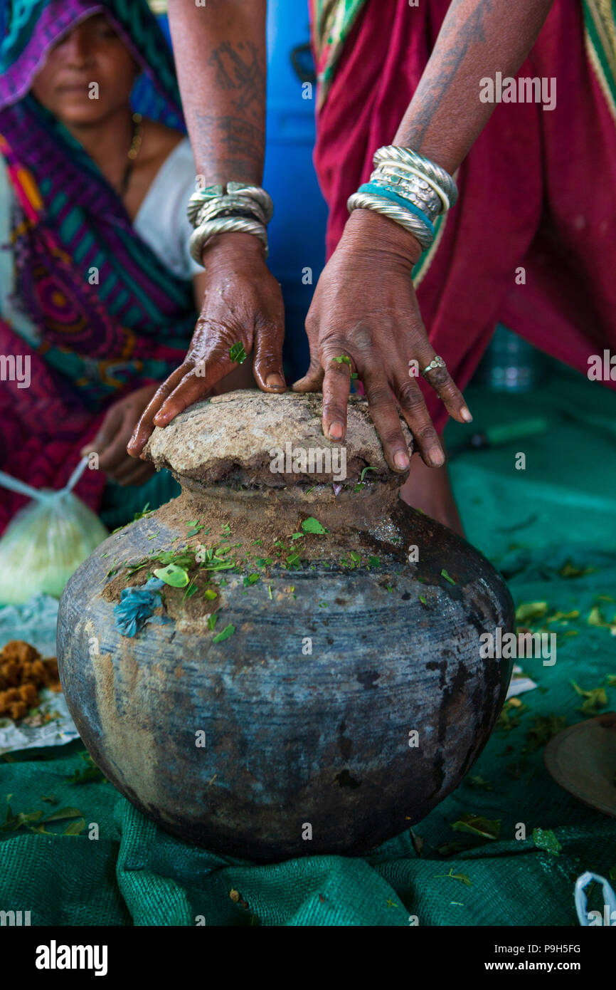 Un groupe de femmes de la région les agriculteurs apprennent à faire de l'engrais organique pour leur exploitation à un fermier, l'école de formation Sendhwa, Inde. Banque D'Images