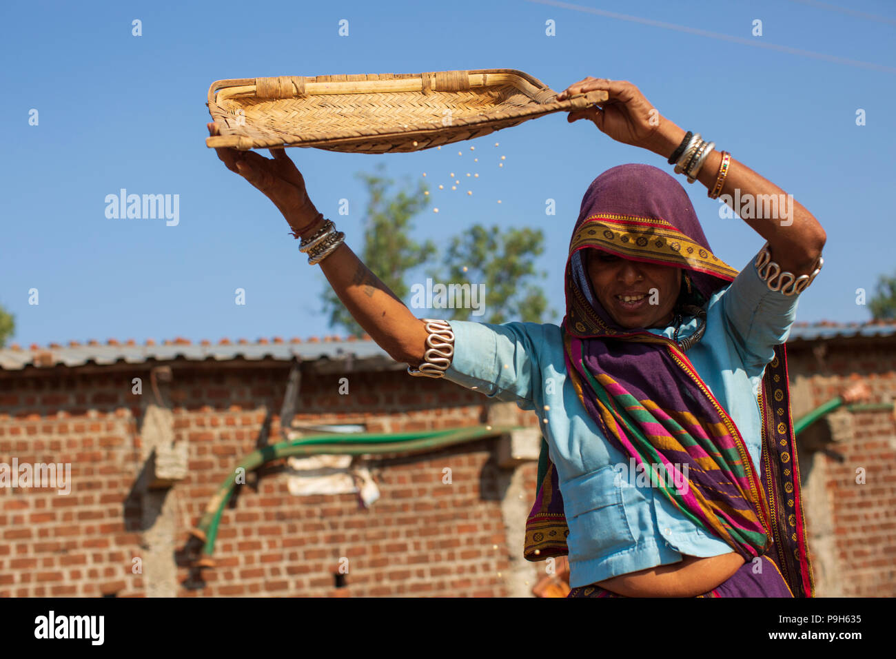 Une femme tamisage de la poussière et les spathes hors de son grain dans les régions rurales de l'Inde. Banque D'Images