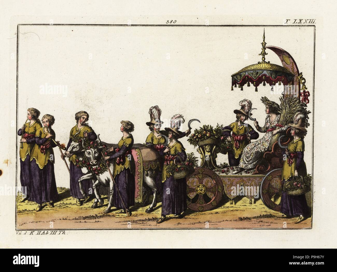 Un chariot triomphal décoré de fleurs et fruits de la récolte accompagnée par des moissonneurs (Schnitterinnen) maintenant la faux. Une femme avec un boisseau de blé est assise sur un trône. Une partie de la célébration de la naissance de Freiderich, duc de Wurtemberg. Prises à partir de la délimitation und Figure aller furstlichen Aufzug Ritterspielen par Esaias und von Hulsen, 1617. Coloriée à la gravure sur cuivre de Robert von Spalart Photo historique des costumes des principaux peuples de l'Antiquité et du Moyen Âge, Chez Collignon, Metz, 1810. Banque D'Images