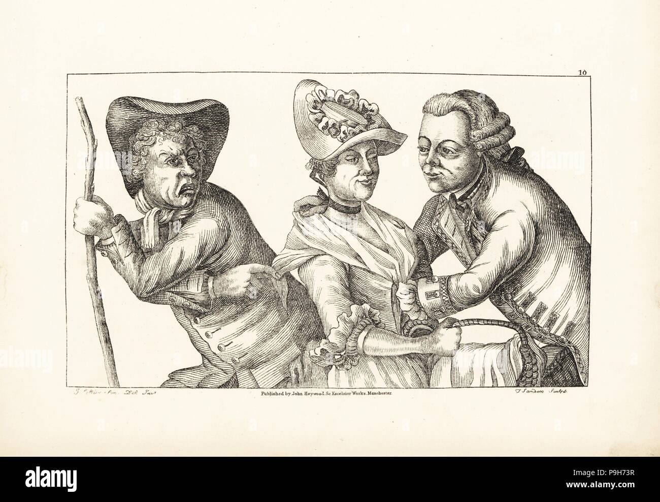 Le capitaine Plume séduisant pays vénom Rose, alors que son frère taureau tente de mettre en garde contre lui. La satire de George Farquhar's play le recruteur. La gravure sur cuivre par Thomas Sanders après une illustration satirique par John Collier (Timothy Bobbin) de passions humaines délimitées, John Haywood, Manchester, 1773. Banque D'Images