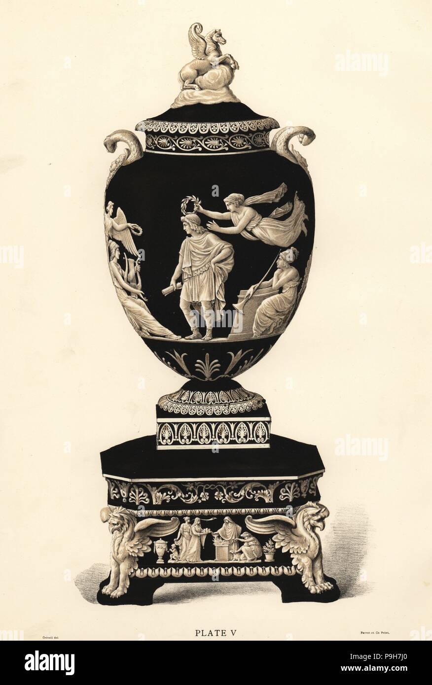 Grand vase homérique et piédestal. Chromolithographie dessiné par Grivell et lithographiés par Parrot et Co. de Frederick Rathbone's Old Wedgwood, la céramique artistique ou décoratif travail produit par Josiah Wedgwood, Quaritch, Londres, 1898. Banque D'Images