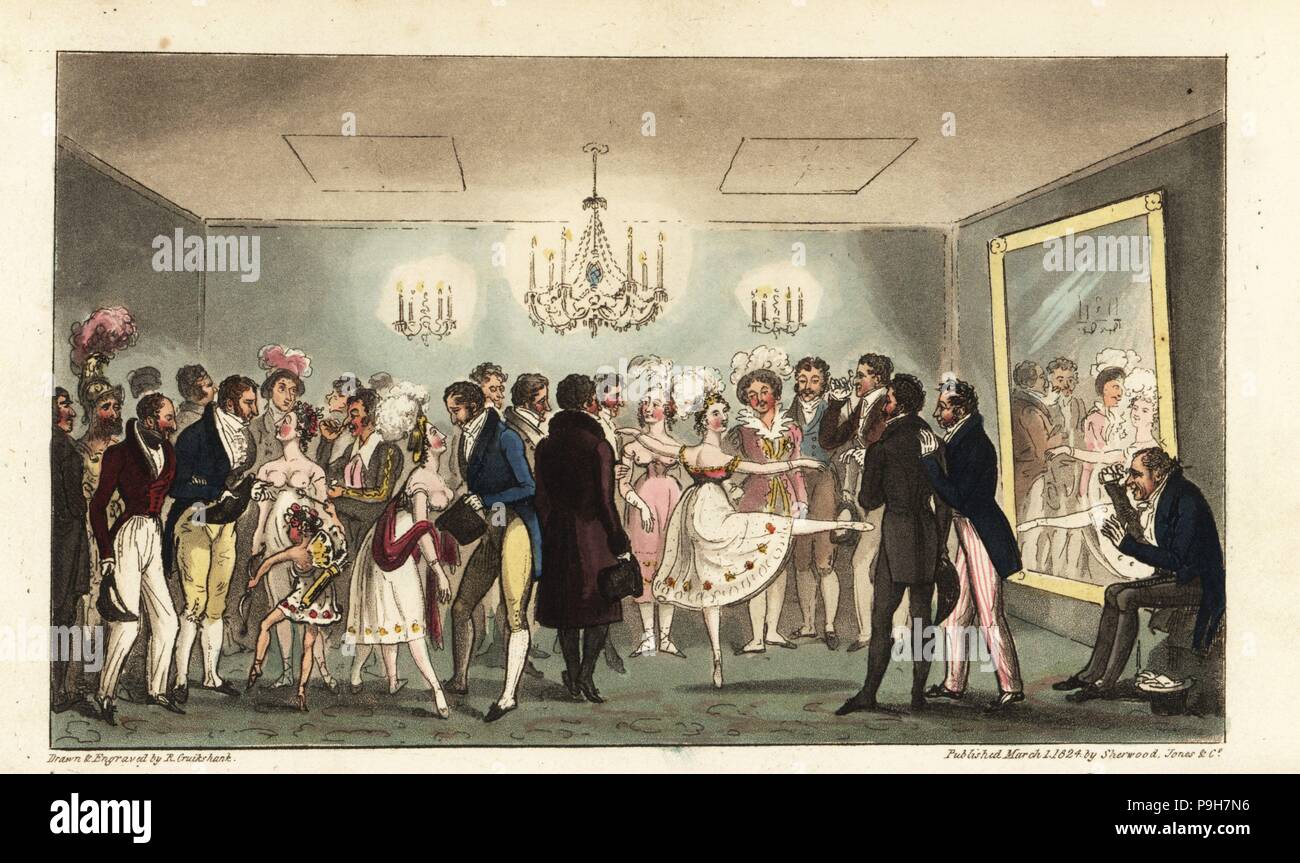 Regency fops admirant le Mercandotti la ballerine Maria, andalou, venus effectuer une pirouette dans la Salle Verte, à l'Opéra. Parmi la foule sont le duc de Devonshire, le comte de Fife et Mademoiselle Noblet se pencher pour montrer son sein. Amateurs Noble étranger affichage des curiosités. Dessiné et gravé sur cuivre coloriée par Robert Cruikshank à partir de l'Espion Anglais, Londres, 1825. Écrit par Bernard Blackmantle, un pseudonyme de Charles Molloy Westmacott. Banque D'Images