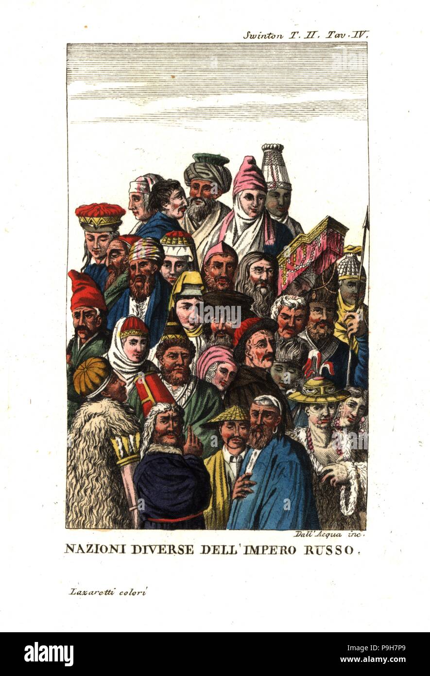Diverses nations de l'Empire russe : les sibériens, Tongusians, des Kalmouks, des Tartares, des Finlandais, des Cosaques, etc. Illustrations de Andrew Swinton's voyages en Norvège, au Danemark et en Russie, 1792. La gravure sur cuivre par Dell'Acqua coloriée par Lazaretti de Giovanni Battista Sonzogno's collection des plus intéressants Voyages (Raccolta de Viaggi Uep Interessanti), Milan, 1815-1817. Banque D'Images