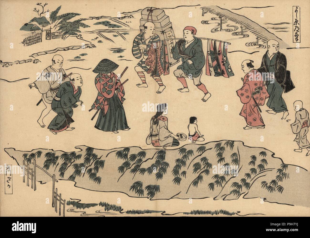 Scène de rue montrant samouraï et commerçants sur la route pour le plaisir quarts à Daimon-zaka. Yoshiwara dote. Gravure sur bois par Okumura Masanobu (1686-1764), Photo de Fuzoku Emakimono Faire défiler du commerce de l'eau, Tokyo, réimpression vers 1880. Banque D'Images