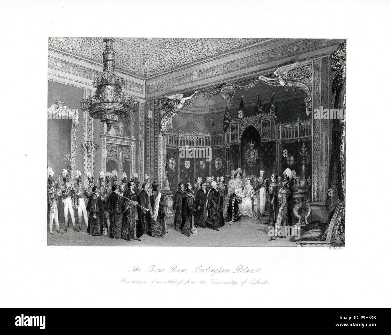 Présentation d'une adresse de l'Université d'Oxford à la reine Victoria, dans la salle du trône, le palais de Buckingham. Gravure sur acier par Henry Melville après une illustration par Thomas Hosmer Shepherd de London Interiors, leurs costumes et les cérémonies, Joshua Mead, Londres, 1841. Banque D'Images