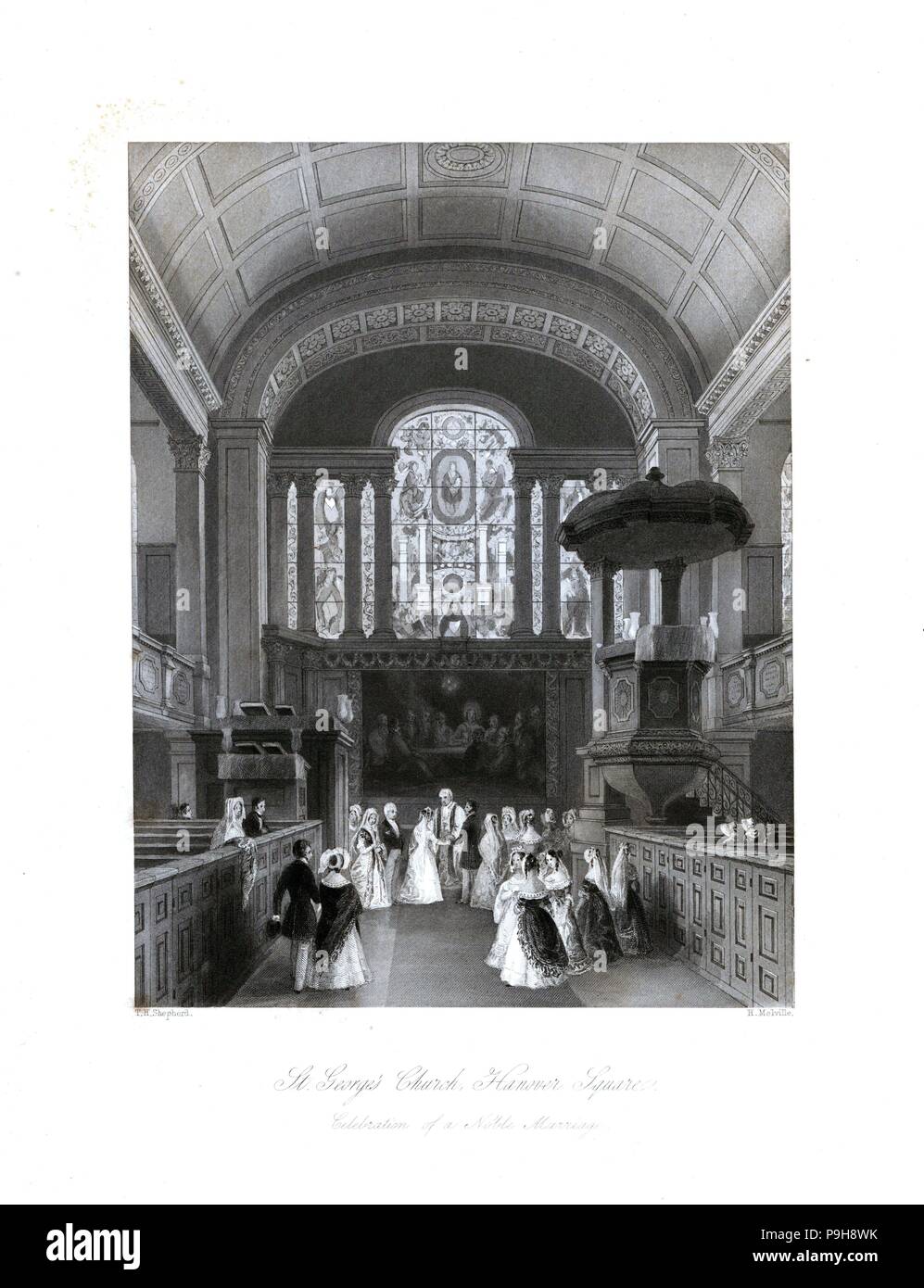 Célébration d'un mariage noble à St George's Church, Hanover Square. Gravure sur acier par Henry Melville après une illustration par Thomas Hosmer Shepherd de London Interiors, leurs costumes et les cérémonies, Joshua Mead, Londres, 1841. Banque D'Images