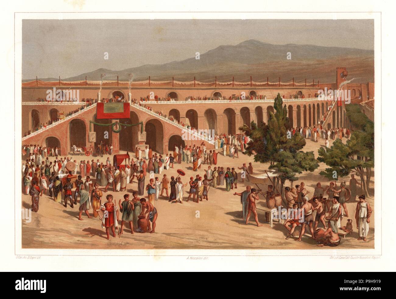 De l'extérieur, amphithéâtre de Pompéi. Foule de spectateurs entrant dans le stade. Chromolithographie par D. Capri après une illustration par G. Cel de Antonio Niccolini's Pompéi : Vues et des restaurations (Pompéi : Essaies et restaurations), publié par Fausto Niccolini, Naples, 1898. Antonio était petit-fils de l'architecte Antonio Niccolini Sr. Banque D'Images