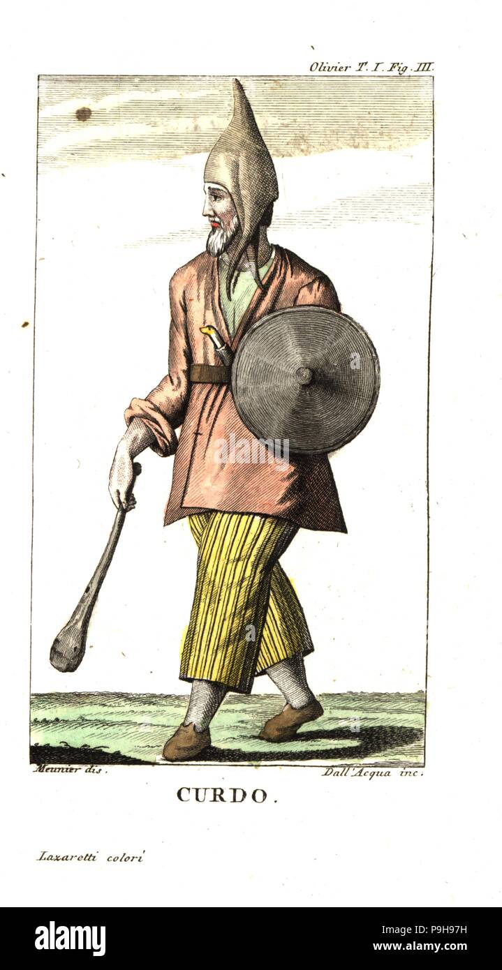 Homme kurde avec bouclier et club. Illustration par Mounier de Guillaume-Antoine Olivier's voyages dans l'Empire Ottoman, l'Egypte et la Perse, 1801. La gravure sur cuivre par Dell'Acqua coloriée par Lazaretti de Giovanni Battista Sonzogno's collection des plus intéressants Voyages (Raccolta de Viaggi Uep Interessanti), Milan, 1815-1817. Banque D'Images