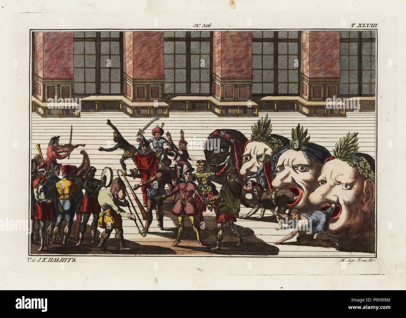 Masqués et vingt musiciens et danseurs costumés sortent de quatre têtes monstrueuses. Danse des Nations Unies, une partie de la célébration de la naissance de Freiderich, duc de Wurtemberg, 1616. Prises à partir de la délimitation und Figure aller furstlichen Aufzug Ritterspielen par Esaias und von Hulsen, 1617. Coloriée à la gravure sur cuivre de Robert von Spalart Photo historique des costumes des principaux peuples de l'Antiquité et du Moyen Âge, Chez Collignon, Metz, 1810. Banque D'Images