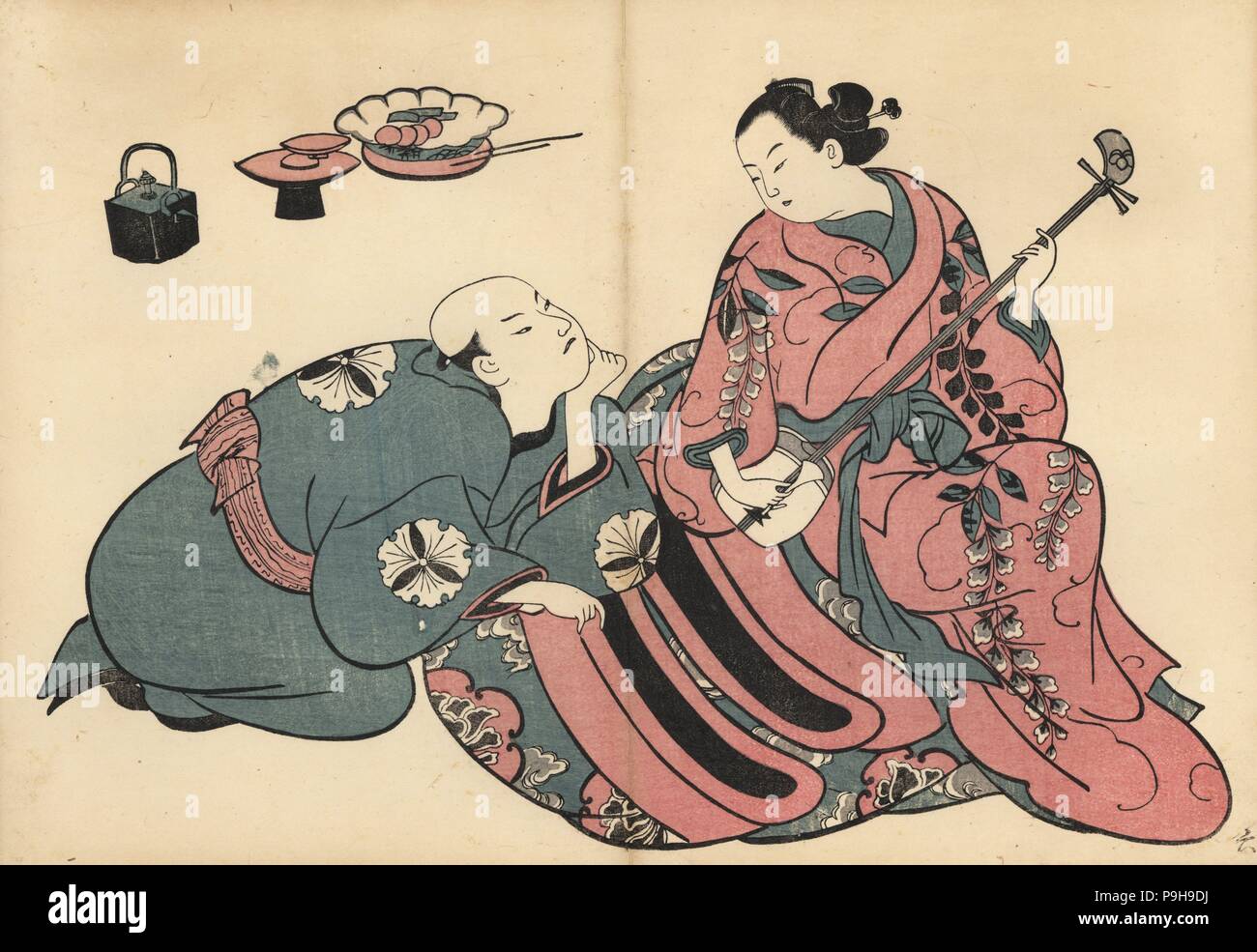 Courtisane s'occupe d'un client par la lecture du shamisen dans les quartiers de plaisir. Gravure sur bois par Okumura Masanobu (1686-1764), Photo de Fuzoku Emakimono Faire défiler du commerce de l'eau, Tokyo, réimpression vers 1880. Banque D'Images