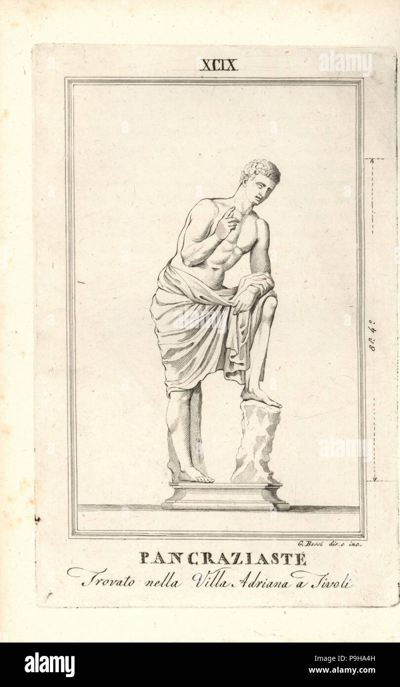 Statue du dieu grec Hermès comme Pankration fighter (Pancraziaste). À partir de la Villa d'Hadrien à Tivoli. Dessiné et gravé sur cuivre par G. Bossi de Pietro Paolo le Montagnani-Mirabili Il Museo Capitolino (le musée du Capitole), Rome, 1820. Banque D'Images